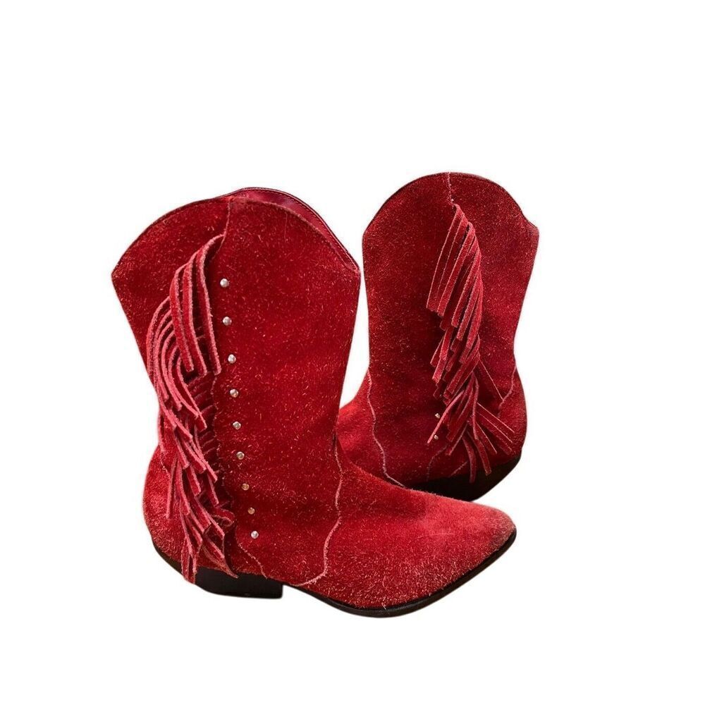 Vintage Arizona Brand Red Suede Leather Fringe Cowboy Boots Low Heel Women’s 7.5